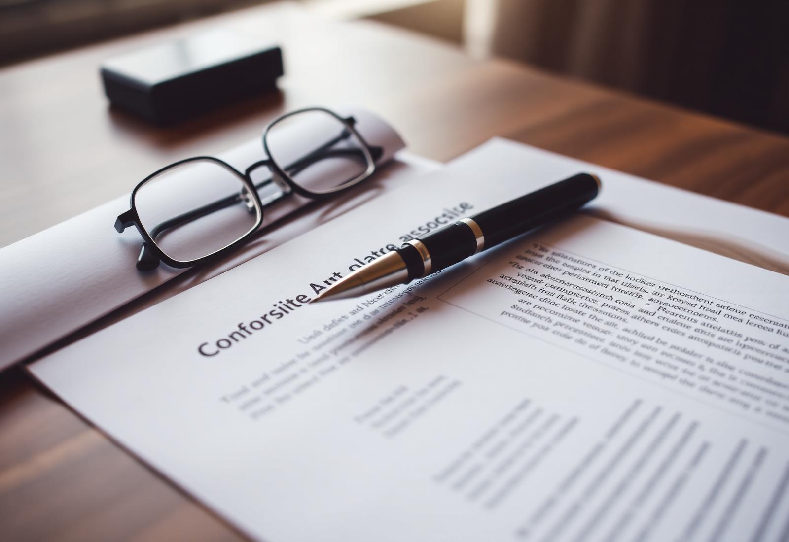 Contract, pen and eyeglasses