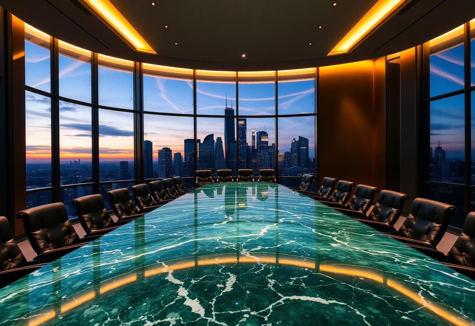 A conference boardroom with an emerald marble table overlooking a city skyline at dusk