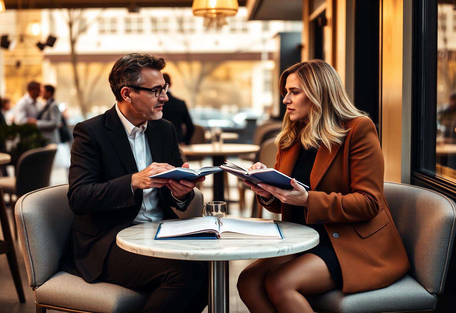 Two professionals in deep conversation over notebooks at a marble café table