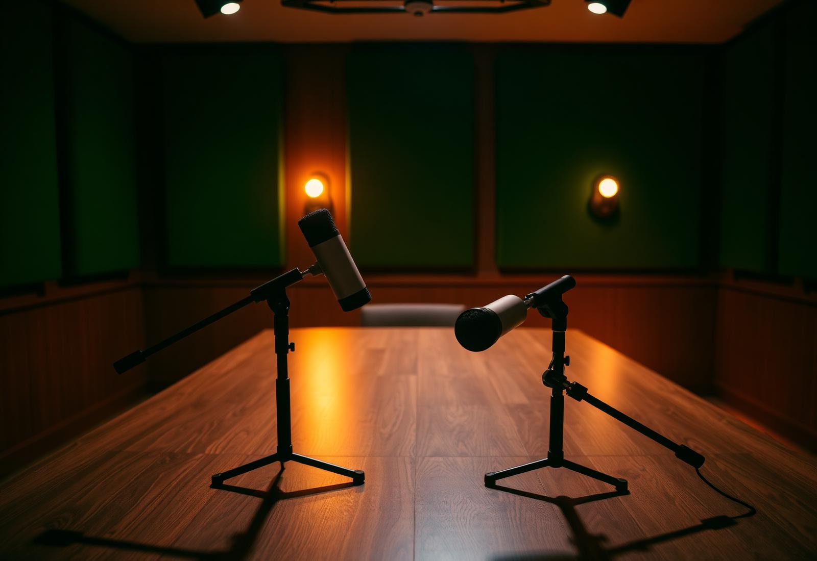 Two studio microphones set up in a warm, sound-treated room