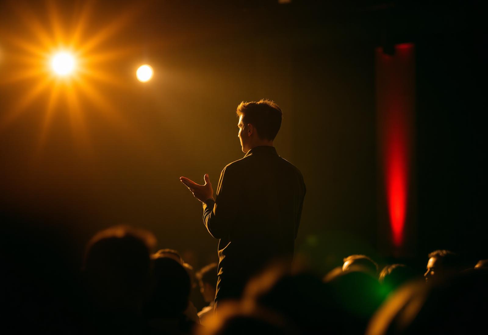 A founder giving a keynote presentation on a spotlit stage